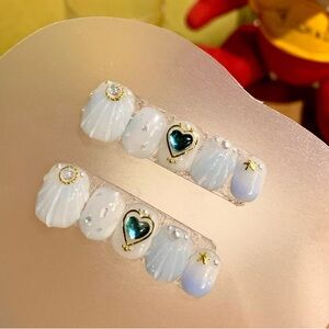 Press on nails short blue mermaid heart